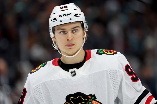 Blackhawks' Connor Bedard looks on during the second period against the Kraken at Climate Pledge Arena on Nov. 14, 2024 in Seattle. (Photo by Steph Chambers/Getty Images)