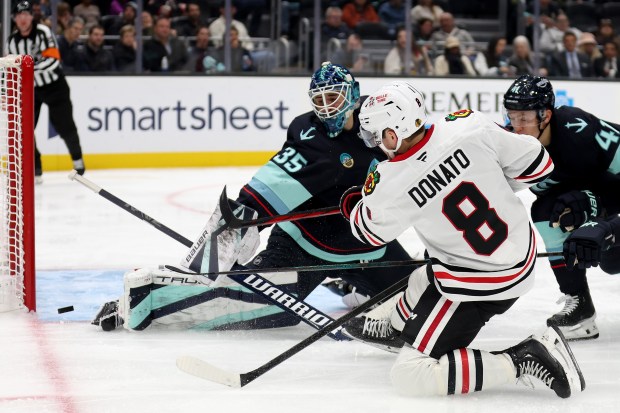 Blackhawks' Ryan Donato scores a goal during the third period against the Kraken at Climate Pledge Arena on Nov. 14, 2024 in Seattle. (Photo by Steph Chambers/Getty Images)