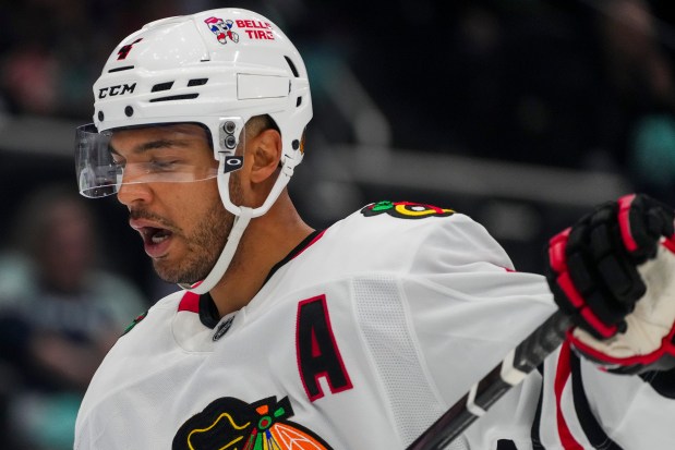 Chicago Blackhawks defenseman Seth Jones reacts as time winds down during the third period against the Kraken on Nov. 14, 2024, in Seattle. (AP Photo/Lindsey Wasson)