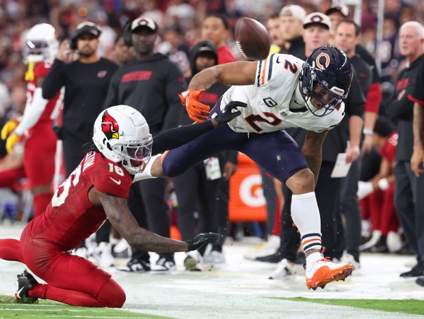 Bears wide receiver DJ Moore can't reach an overthrown pass by quarterback Caleb Williams in the second quarter at State Farm Stadium on Nov. 3, 2024, in Glendale, Ariz. (Stacey Wescott/Chicago Tribune)