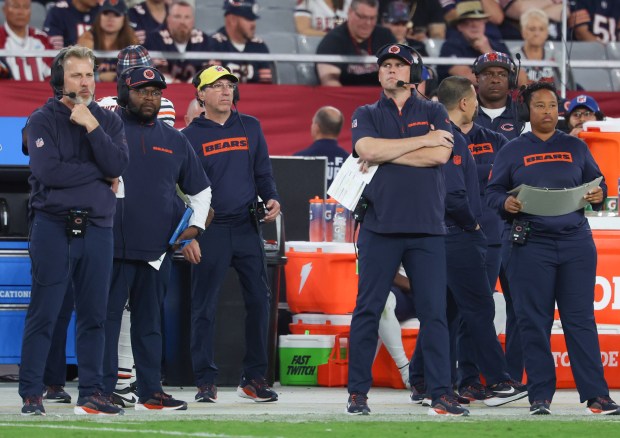 Bears coach Matt Eberflus and offensive coordinator Shane Waldron watch their team flounder in the fourth quarter at State Farm Stadium on Nov. 3, 2024, in Glendale, Ariz. (Stacey Wescott/Chicago Tribune)