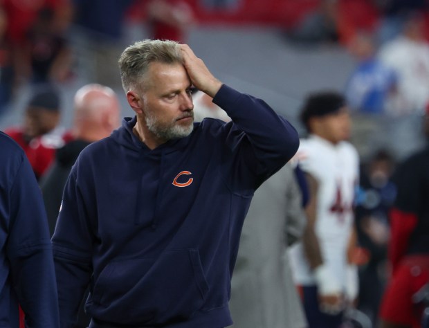 Bears coach Matt Eberflus leaves the field after a loss to the Cardinals on Nov. 3, 2024, in Glendale, Ariz. (Stacey Wescott/Chicago Tribune)