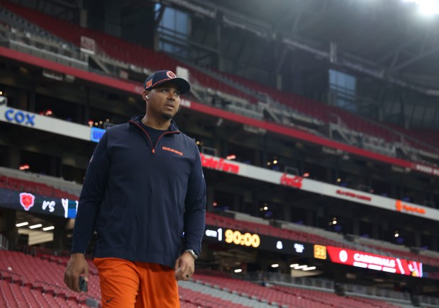 Bears general manager Ryan Poles walks the field before the game against the Arizona Cardinals on Sunday, Nov. 3, 2024, at State Farm Stadium in Glendale, Arizona. (Brian Cassella/Chicago Tribune)