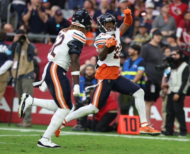 Chicago Bears safety Elijah Hicks (22) celebrates his fumble recovery in the second quarter Sunday, Nov. 3, 2024, at State Farm Stadium in Glendale, Arizona. (Brian Cassella/Chicago Tribune)