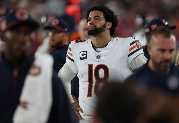 Bears quarterback Caleb Williams walks the sideline in the fourth quarter Sunday, Nov. 3, 2024, at State Farm Stadium in Glendale, Ariz. (Brian Cassella/Chicago Tribune)