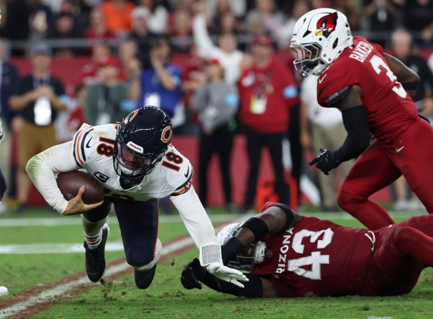 Bears quarterback Caleb Williams is sacked by Arizona Cardinals linebacker Jesse Luketa (43) and safety Budda Baker (3) in teh fourth quarter Sunday, Nov. 3, 2024, at State Farm Stadium in Glendale, Arizona. (Brian Cassella/Chicago Tribune)