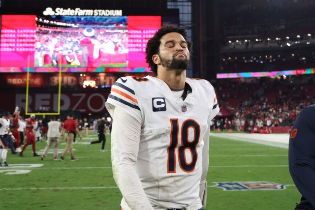 Chicago Bears quarterback Caleb Williams walks off the field after the loss to the Arizona Cardinals on Sunday, Nov. 3, 2024, at State Farm Stadium in Glendale, Arizona. (Brian Cassella/Chicago Tribune)