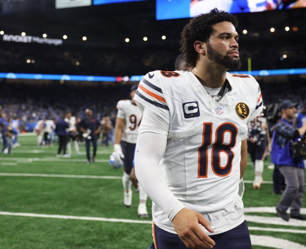 Bears quarterback Caleb Williams exits after a 23-20 loss to the Lions at Ford Field on Nov. 28, 2024, in Detroit. (John J. Kim/Chicago Tribune)