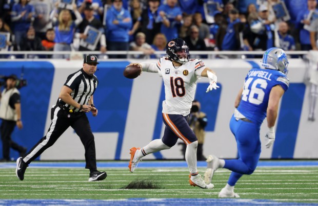 Bears quarterback Caleb Williams winds up to throw in the third quarter against the Lions at Ford Field on Nov. 28, 2024, in Detroit. (John J. Kim/Chicago Tribune)