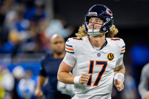 Bears quarterback Tyson Bagent (17) warms up before the Bears play against the Lions at Ford Field in Detroit on Nov. 28, 2024. (Tess Crowley/Chicago Tribune)