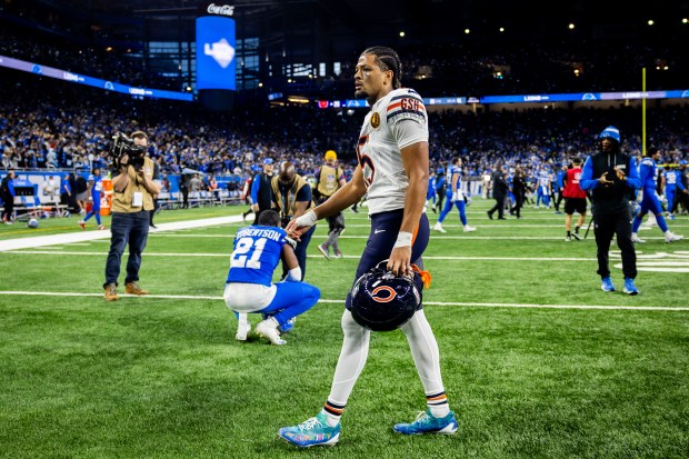 Bears wide receiver Rome Odunze walks off the field after a loss to the Lions at Ford Field in Detroit on Nov. 28, 2024. (Tess Crowley/Chicago Tribune)