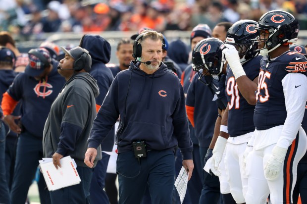 Bears coach Matt Eberflus walks the sideline in the first quarter against the Packers at Soldier Field on Nov. 17, 2024. (John J. Kim/Chicago Tribune)