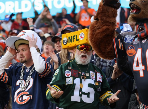 Bears and Packers fans watch the fourth quarter at Soldier Field on Nov. 17, 2024, in Chicago. (John J. Kim/Chicago Tribune)