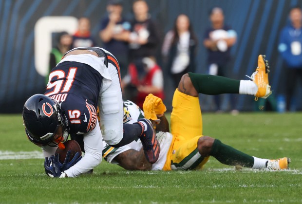 Bears wide receiver Rome Odunze (15) makes a reception late in the fourth quarter against the Packers at Soldier Field on Nov. 17, 2024, in Chicago. (John J. Kim/Chicago Tribune)