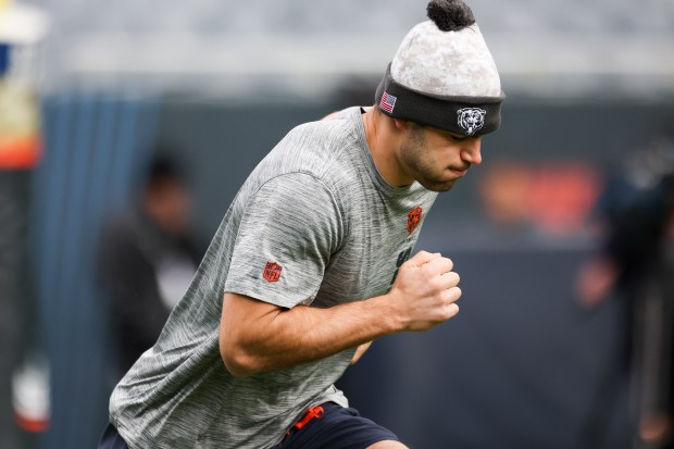 Chicago Bears tight end Cole Kmet (85) warms up before the game against the New England Patriots at Soldier Field on Nov. 10, 2024. (Eileen T. Meslar/Chicago Tribune)