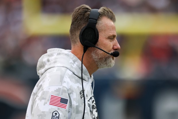 Bears coach Matt Eberflus stands on the sideline during the fourth quarter against the Patriots on Nov. 10, 2024, at Soldier Field. (Eileen T. Meslar/Chicago Tribune)