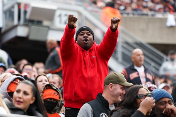 A fan boos after Bears quarterback Caleb Williams got sacked during the fourth quarter against the Patriots on Nov. 10, 2024, at Soldier Field. (Eileen T. Meslar/Chicago Tribune)