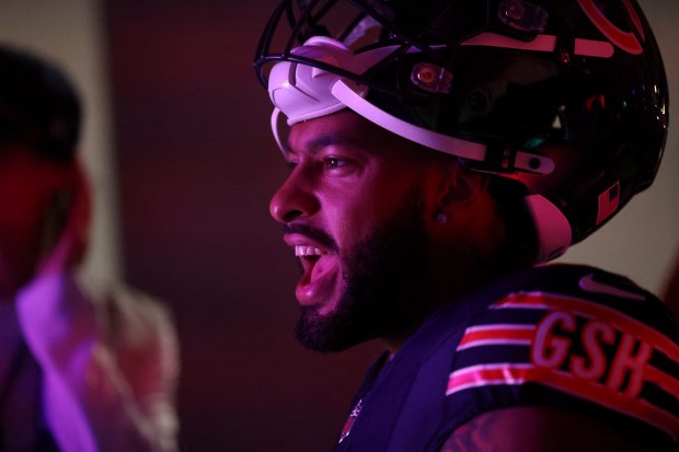 Bears defensive end Montez Sweat takes the field before a game against the Rams on Sept. 29, 2024, at Soldier Field. (Brian Cassella/Chicago Tribune)