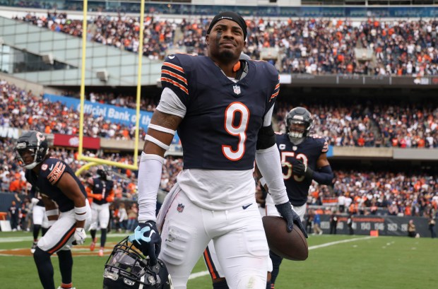 Chicago Bears safety Jaquan Brisker celebrates his interception of Los Angeles Rams quarterback Matthew Stafford to secure the game in the fourth quarter Sunday, Sept. 29, 2024, at Soldier Field. (Brian Cassella/Chicago Tribune)