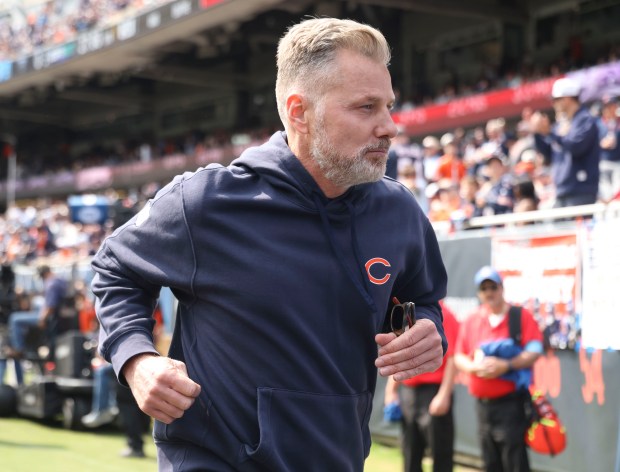 Bears coach Matt Eberflus prepares for the game against the Titans on Sept. 8, 2024, at Soldier Field. (Brian Cassella/Chicago Tribune)