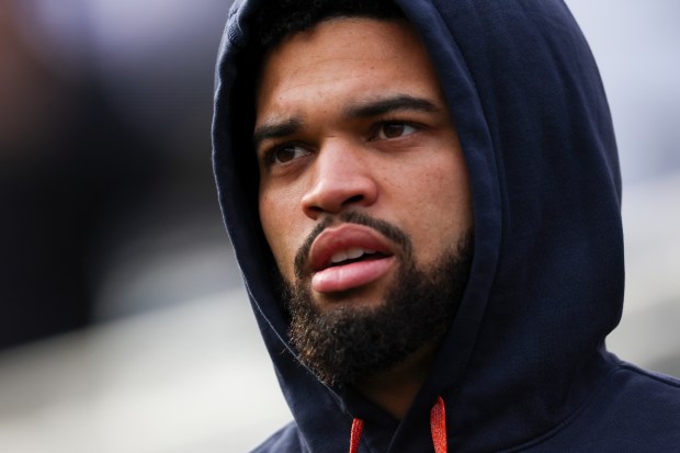 Chicago Bears quarterback Caleb Williams warms up before the game against the Minnesota Vikings at Soldier Field. (Eileen T. Meslar/Chicago Tribune)