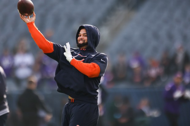 Chicago Bears quarterback Caleb Williams warms up before the game against the Minnesota Vikings at Soldier Field on Nov. 24, 2024. (Eileen T. Meslar/Chicago Tribune)