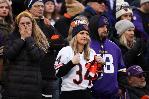 Fans watch as overtime begins between the Bears and the Vikings at Soldier Field on Nov. 24, 2024. (Eileen T. Meslar/Chicago Tribune)