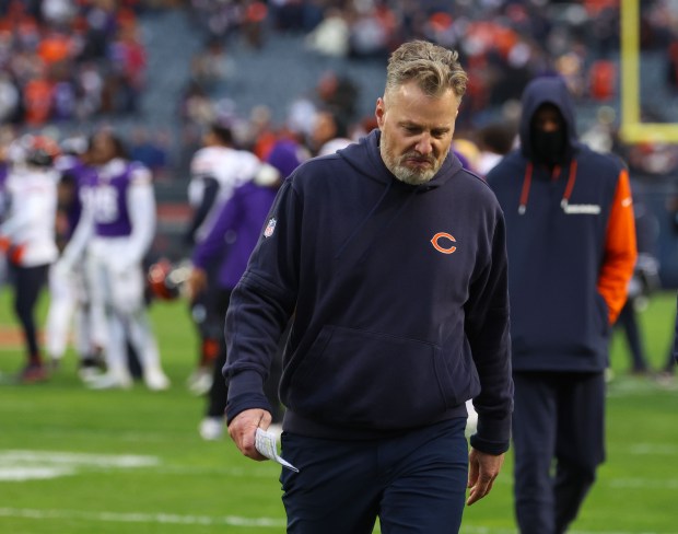 Bears coach Matt Eberflus heads to the locker room after an overtime loss to the Vikings on Nov. 24, 2024. (Stacey Wescott/Chicago Tribune)