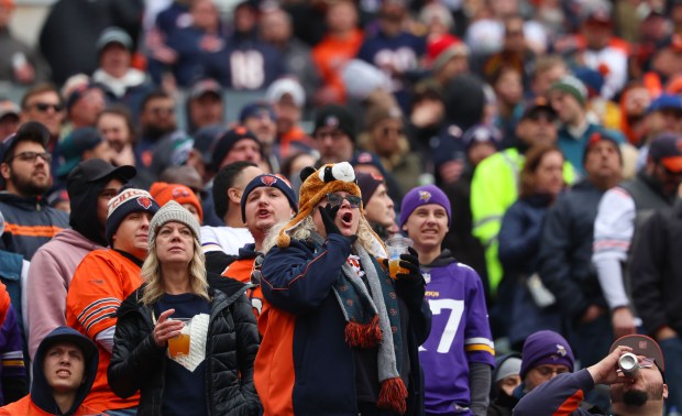 The fans boo because they want an interefence call against the Vikings after wide receiver Rome Odunze couldn't catch a pass in the third quarter against the Minnesota Vikings at Soldier Field on Nov. 24, 2024. (Stacey Wescott/ Chicago Tribune)