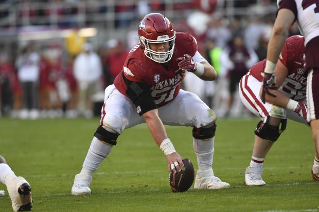 Arkansas center Ricky Stromberg against Mississippi State on Nov. 6, 2021, in Fayetteville, Ark. (AP Photo/Michael Woods)