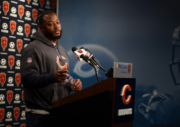 Chicago Bears new offensive coordinator Thomas Brown speaks with the media during a press conference at Halas Hall on Nov. 13, 2024 in Lake Forest. (Stacey Wescott/Chicago Tribune)