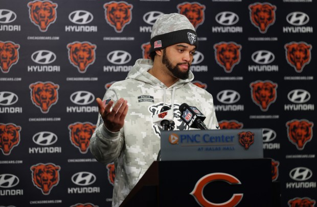 Bears quarterback Caleb Williams speaks with the media during a press conference at Halas Hall on Nov. 13, 2024. (Stacey Wescott/Chicago Tribune)