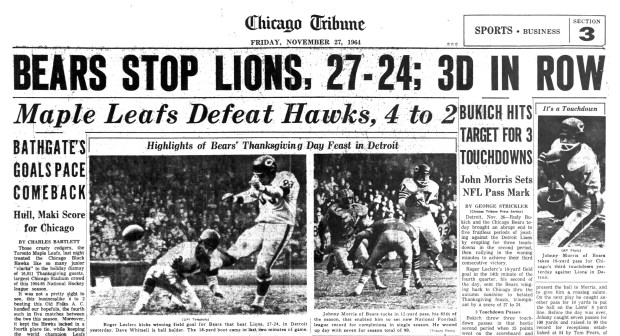 Chicago Bears Quarterback Rudy Bukich threw for three touchdowns in the second half of a game on Thanksgiving, Nov. 26, 1964, against the Detroit Lions at Tiger Stadium. Kicker Roger LeClerc's 18-yard field goal gave the Bears a 27-24 win. (Chicago Tribune)