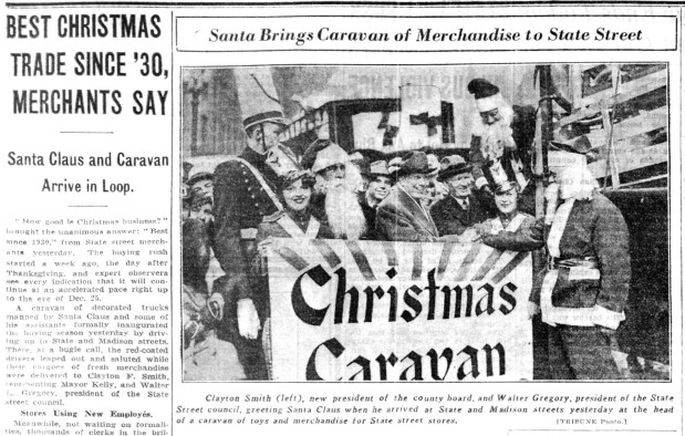 Despite the Great Depression, shoppers greeted Santa Claus on State Street and welcomed the holiday season on Dec. 7, 1934. (Chicago Tribune)