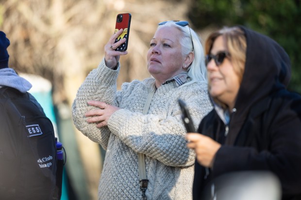 Former resident Gerrie Mulligan watches as workers cut down Chicago's 2024 Christmas tree, a 53-foot Colorado blue spruce planted 50 years ago by her father, former homeowner Jim Mulligan, on Nov. 1, 2024. Gerrie grew up in the house and watched her father plant the tree. Jim died in 2022. (Tess Crowley/Chicago Tribune)