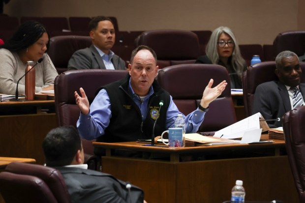 Ald. Matthew J. O'Shea, 19th, speaks during the first day of the 2025 budget hearing at City Hall on Nov. 6, 2024. (Eileen T. Meslar/Chicago Tribune)