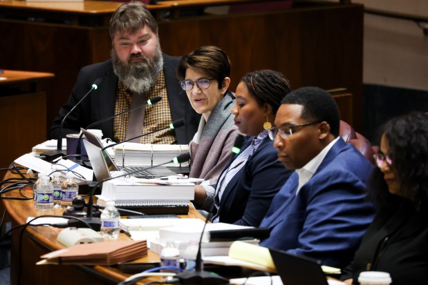 Chief Financial Officer Jill Jaworski answers a question during the first day of the 2025 budget hearing at City Hall on Nov. 6, 2024. (Eileen T. Meslar/Chicago Tribune)