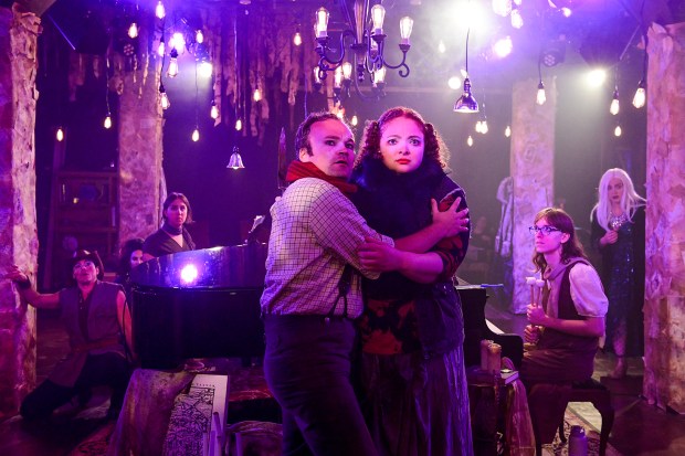 Kevin Webb and Anna Seibert with (back) August Forman, Emily Goldberg, Ariana Miles (at piano), Evelyn Ryan (at piano) and Stephanie Stockstill in "Into the Woods" by Kokandy Productions. (Evan Hanover)