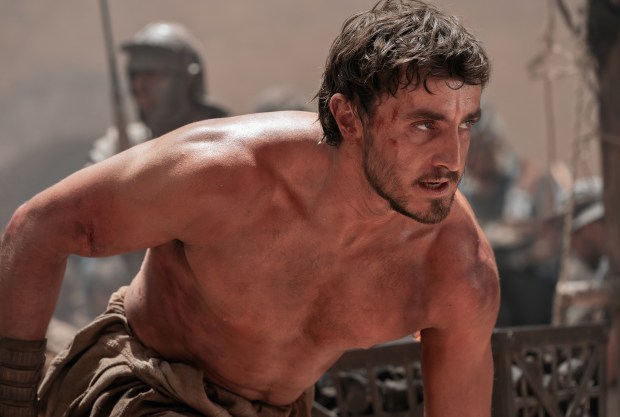 Lucius (Paul Mescal), whose father we met in the first "Gladiator," takes center stage at the Colosseum in "Gladiator II." (Cuba Scott/Paramount Pictures)