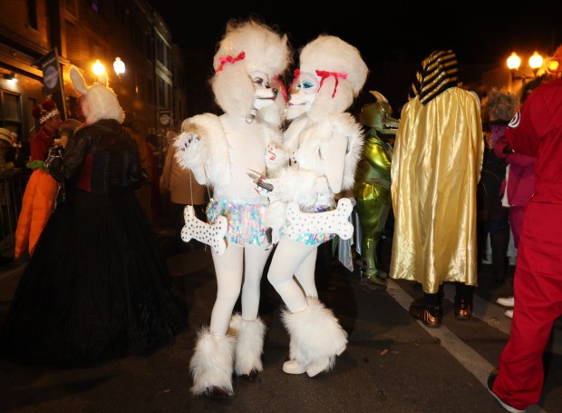 Two people dressed as poodles talk while waiting to march in the Haunted Halsted Halloween Parade in the 3200 block of North Halsted Street, Oct. 31, 2024, in Chicago. (John J. Kim/Chicago Tribune)