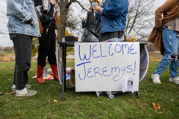 Organizers prepare for a Jeremy Allen White lookalike competition at Humboldt Park in Chicago on Nov. 16, 2024. (Tess Crowley/Chicago Tribune)