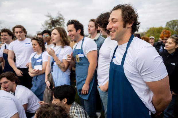 Ben Shabad, right, participates in a Jeremy Allen White lookalike competition at Humboldt Park in Chicago on Nov. 16, 2024. Shabad won the contest. (Tess Crowley/Chicago Tribune)