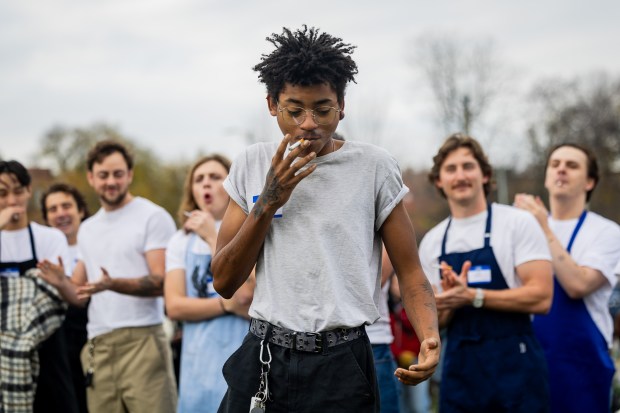 Matthew Smith participates in a Jeremy Allen White lookalike competition at Humboldt Park in Chicago on Nov. 16, 2024. (Tess Crowley/Chicago Tribune)