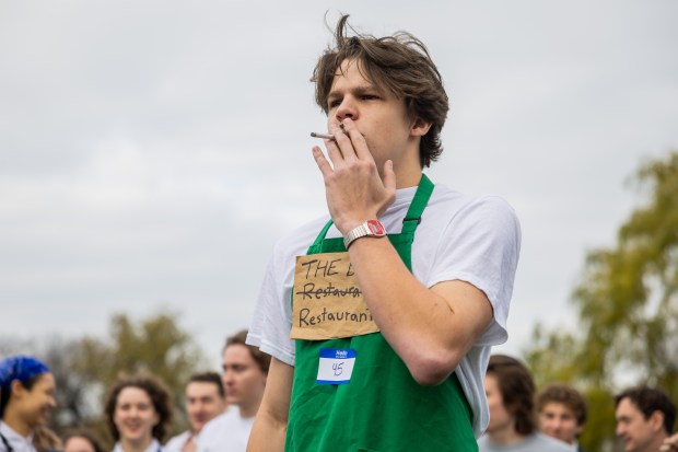 People participate in a Jeremy Allen White lookalike competition at Humboldt Park in Chicago on Nov. 16, 2024. (Tess Crowley/Chicago Tribune)