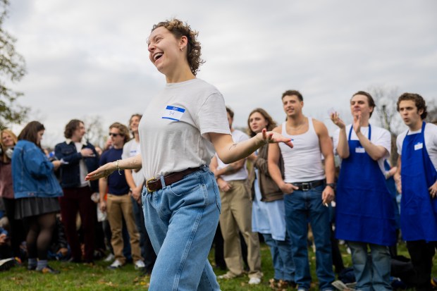 People participate in a Jeremy Allen White lookalike competition at Humboldt Park in Chicago on Nov. 16, 2024. (Tess Crowley/Chicago Tribune)