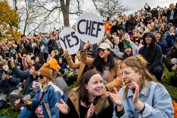 The audience cheers during a Jeremy Allen White lookalike competition at Humboldt Park in Chicago on Nov. 16, 2024. (Tess Crowley/Chicago Tribune)