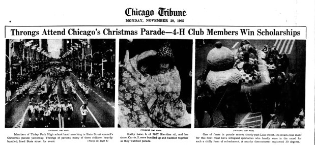 Though the temperature was below freezing, more than 100,000 people showed up to see Santa Claus and a variety of marching bands, animals and clowns during the State Street Council's Christmas parade on Nov. 28, 1965. (Chicago Tribune)