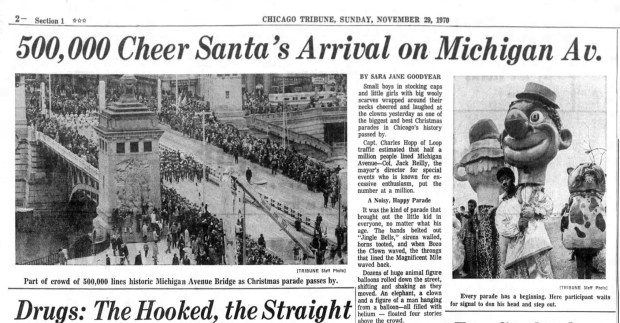 "The bands belted 'Jingle Bells,' sirens wailed, horns tooted, and when Bozo the Clown waved, the throngs that lined the Magnificent Mile waved back," Tribune reporter Sara Jane Goodyear wrote about the annual Christmas parade on Nov. 29, 1970. The annual procession took place on Michigan Avenue. (Chicago Tribune)