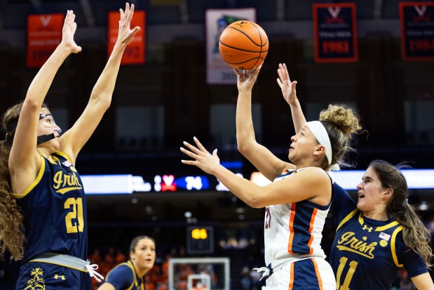 Virginia's Kymora Johnson shoots between Notre Dame's Maddy Westbeld (21) and Sonia Citron (11) on Jan. 18, 2024, in Charlottesville, Va. (Ryan M. Kelly/Getty Images)