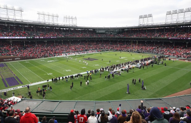 Kickoff ensues between Northwestern and Ohio State at Wrigley Field on Nov. 16, 2024, in Chicago. (John J. Kim/Chicago Tribune)